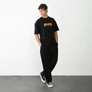 Alternative view of Unisex Bisiklet Yaka Baskılı Oversize T-Shirt - Siyah