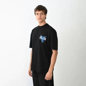 Alternative view of Unisex Bisiklet Yaka Baskılı Oversize T-Shirt - Siyah