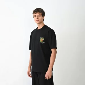 Alternative view of Unisex Bisiklet Yaka Baskılı Oversize T-Shirt - Siyah