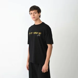 Alternative view of Unisex Bisiklet Yaka Baskılı Oversize T-Shirt - Siyah
