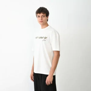 Alternative view of Unisex Bisiklet Yaka Baskılı Oversize T-Shirt - Beyaz