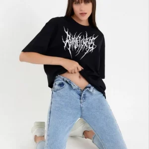 Alternative view of Unisex Bisiklet Yaka Baskılı Oversize T-Shirt - Siyah