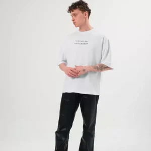 Unisex Bisiklet Yaka Baskılı Oversize T-Shirt - Beyaz