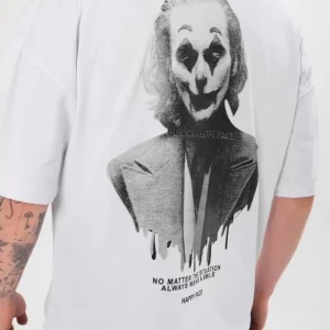 Alternative view of Unisex Bisiklet Yaka Baskılı Oversize T-Shirt - Beyaz