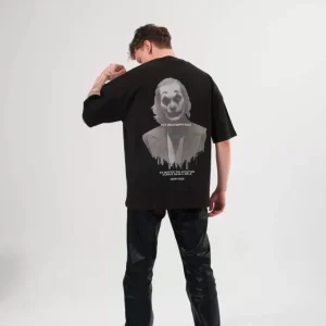 Alternative view of Unisex Bisiklet Yaka Baskılı Oversize T-Shirt - Siyah