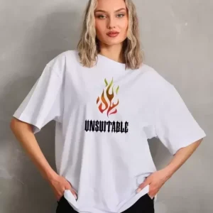 Unisex Bisiklet Yaka Baskılı Oversize T-Shirt - Beyaz