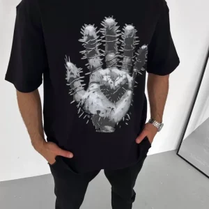 Unisex Bisiklet Yaka Baskılı Oversize T-Shirt - Siyah