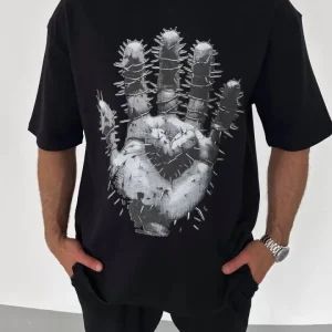 Alternative view of Unisex Bisiklet Yaka Baskılı Oversize T-Shirt - Siyah