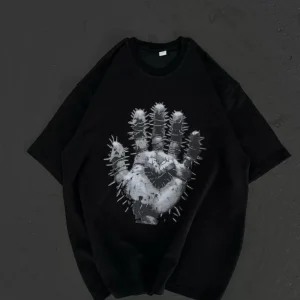 Unisex Bisiklet Yaka Baskılı Oversize T-Shirt - Siyah