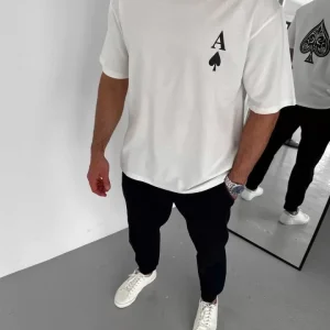 Unisex Bisiklet Yaka Baskılı Oversize T-Shirt - Beyaz
