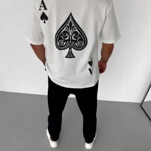 Alternative view of Unisex Bisiklet Yaka Baskılı Oversize T-Shirt - Beyaz