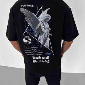 Alternative view of Unisex Bisiklet Yaka Baskılı Oversize T-Shirt - Siyah