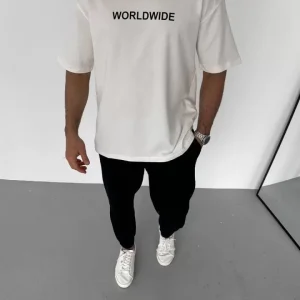 Unisex Bisiklet Yaka Baskılı Oversize T-Shirt - Beyaz