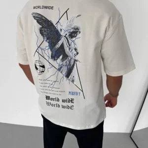 Alternative view of Unisex Bisiklet Yaka Baskılı Oversize T-Shirt - Beyaz