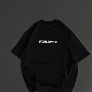 Unisex Bisiklet Yaka Baskılı Oversize T-Shirt - Siyah