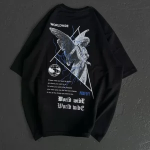 Alternative view of Unisex Bisiklet Yaka Baskılı Oversize T-Shirt - Siyah