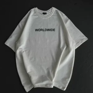 Unisex Bisiklet Yaka Baskılı Oversize T-Shirt - Beyaz