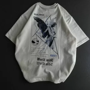 Alternative view of Unisex Bisiklet Yaka Baskılı Oversize T-Shirt - Beyaz