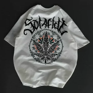 Alternative view of Unisex Bisiklet Yaka Baskılı Oversize T-Shirt - Beyaz