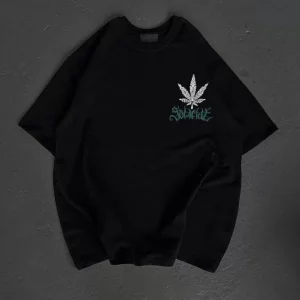Unisex Bisiklet Yaka Baskılı Oversize T-Shirt - Siyah