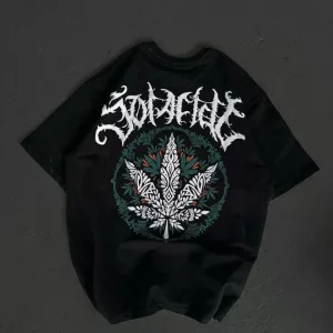 Alternative view of Unisex Bisiklet Yaka Baskılı Oversize T-Shirt - Siyah