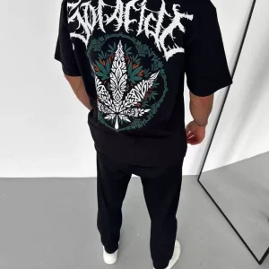 Alternative view of Unisex Bisiklet Yaka Baskılı Oversize T-Shirt - Siyah