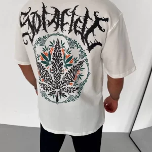 Alternative view of Unisex Bisiklet Yaka Baskılı Oversize T-Shirt - Beyaz