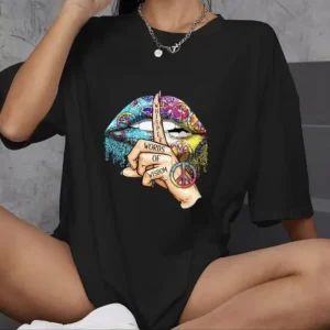 Alternative view of Unisex Bisiklet Yaka Baskılı Oversize T-Shirt - Siyah