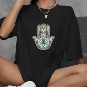 Alternative view of Unisex Bisiklet Yaka Baskılı Oversize T-Shirt - Siyah