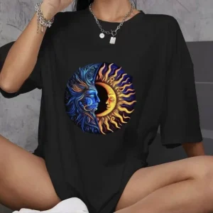 Alternative view of Unisex Bisiklet Yaka Baskılı Oversize T-Shirt - Siyah
