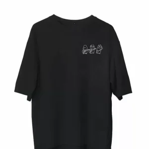 Unisex Bisiklet Yaka Baskılı Oversize T-Shirt - Siyah