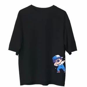 Alternative view of Unisex Bisiklet Yaka Baskılı Oversize T-Shirt - Siyah
