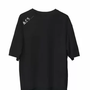 Unisex Bisiklet Yaka Baskılı Oversize T-Shirt - Siyah