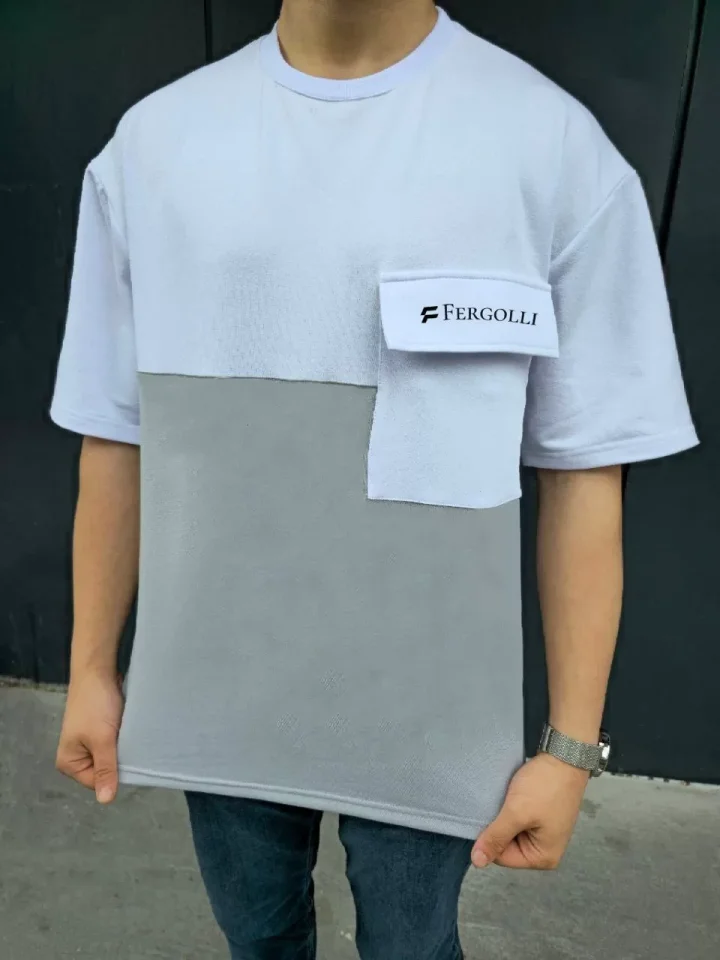 Unisex Torba Cep Detaylı Parçalı T-Shirt - Gri - Görsel 2
