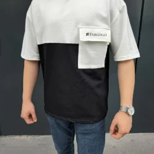 Unisex Torba Cep Detaylı Parçalı T-Shirt - Siyah