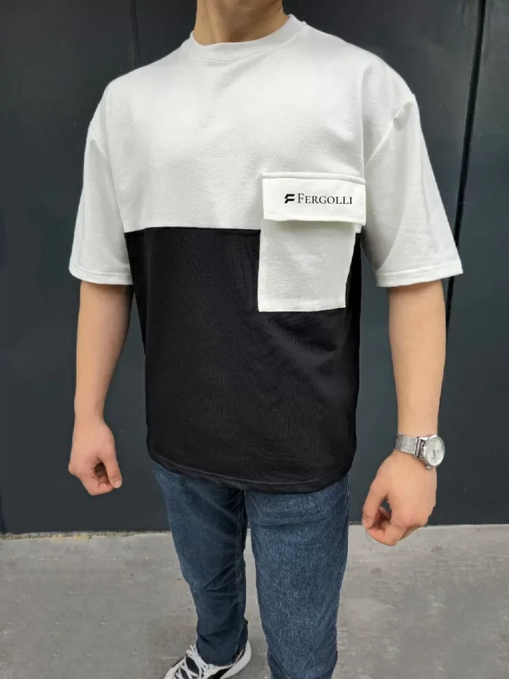 Unisex Torba Cep Detaylı Parçalı T-Shirt - Siyah - Görsel 2