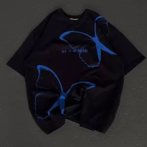 Alternative view of Unisex Bisiklet Yaka Baskılı Oversize T-Shirt - Siyah