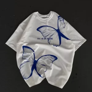 Alternative view of Unisex Bisiklet Yaka Baskılı Oversize T-Shirt - Beyaz