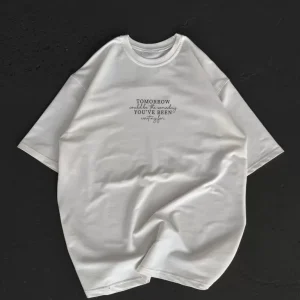 Alternative view of Unisex Bisiklet Yaka Baskılı Oversize T-Shirt - Beyaz