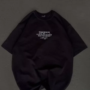 Alternative view of Unisex Bisiklet Yaka Baskılı Oversize T-Shirt - Siyah