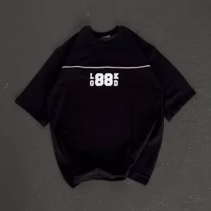 Unisex Bisiklet Yaka Baskılı Oversize T-Shirt - Siyah