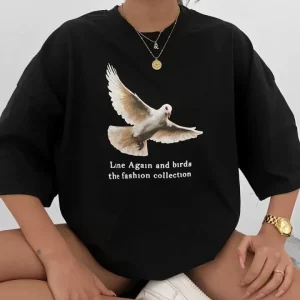 Alternative view of Unisex Bisiklet Yaka Baskılı Oversize T-Shirt - Siyah