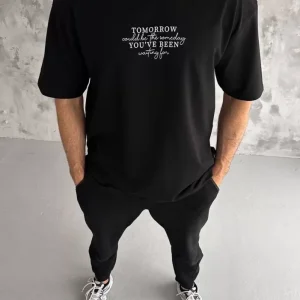 Unisex Bisiklet Yaka Baskılı Oversize T-Shirt - Siyah