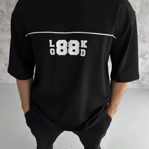 Alternative view of Unisex Bisiklet Yaka Baskılı Oversize T-Shirt - Siyah