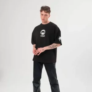 Unisex Bisiklet Yaka Baskılı Oversize T-Shirt - Siyah