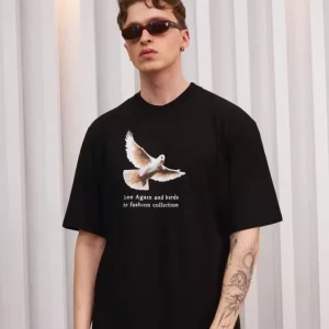 Alternative view of Unisex Bisiklet Yaka Baskılı Oversize T-Shirt - Siyah