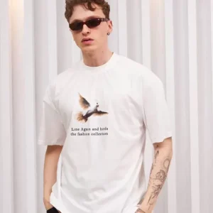 Unisex Bisiklet Yaka Baskılı Oversize T-Shirt - Siyah