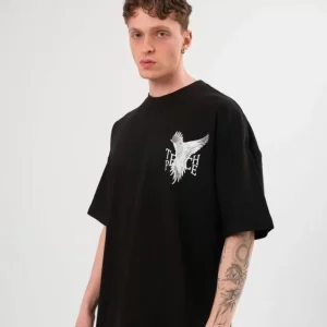Unisex Bisiklet Yaka Baskılı Oversize T-Shirt - Siyah