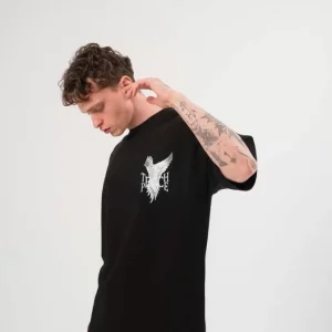 Alternative view of Unisex Bisiklet Yaka Baskılı Oversize T-Shirt - Siyah