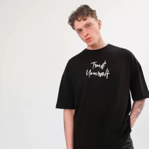Unisex Bisiklet Yaka Baskılı Oversize T-Shirt - Siyah